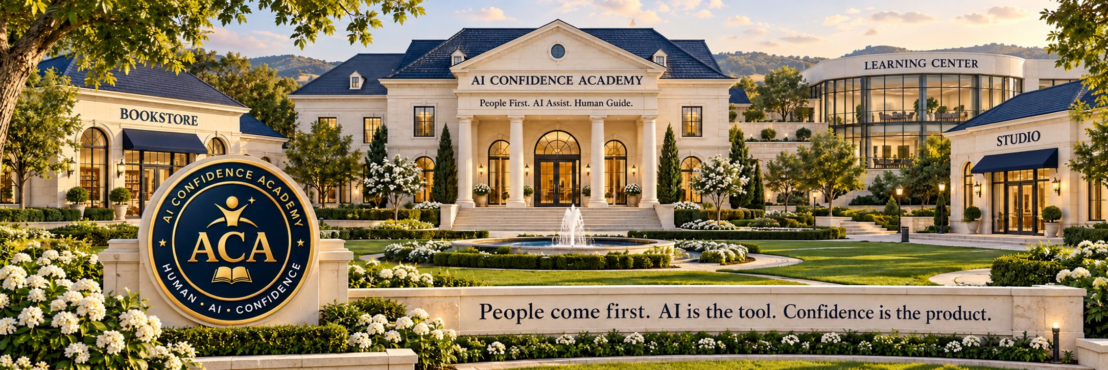 AI Confidence Academy campus with the official ACA seal, bookstore, studio, Learning Center, and the mantra: People come first. AI is the tool. Confidence is the product.