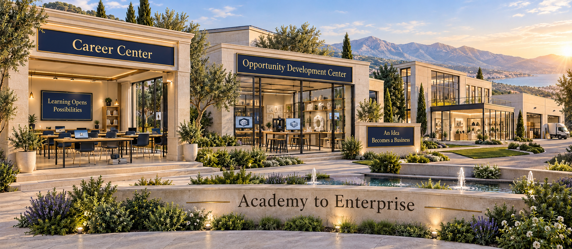 Academy to Enterprise: a Career Center classroom, an Opportunity Development Center, and growing businesses. Signs read Learning Opens Possibilities and An Idea Becomes a Business.
