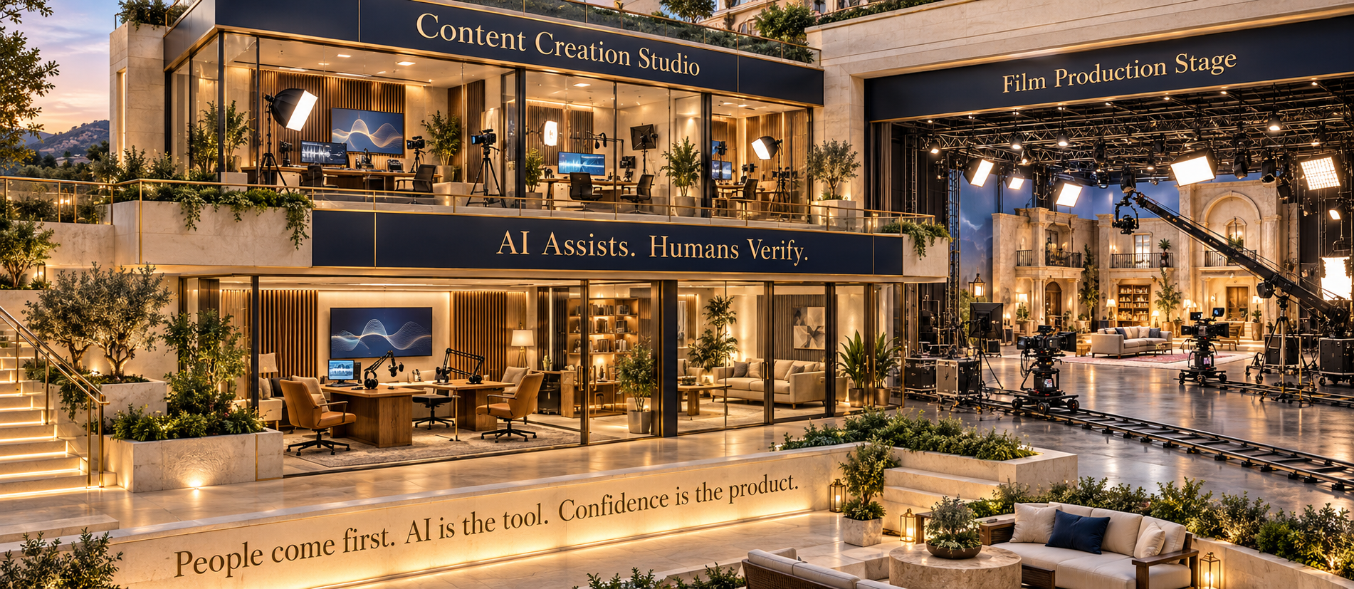 Studio campus illustration with upstairs content-creation rooms, a Hollywood-style film set, professional cinema cameras, and the Academy’s guiding principles.