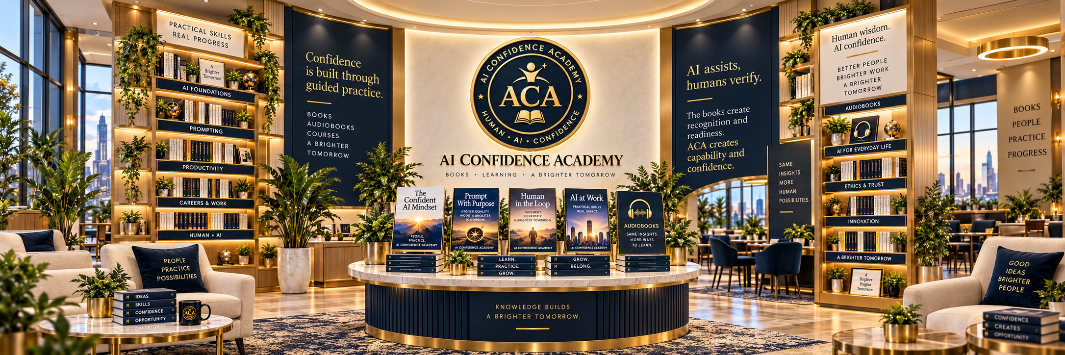 AI Confidence Academy bookstore with featured books and Academy principles